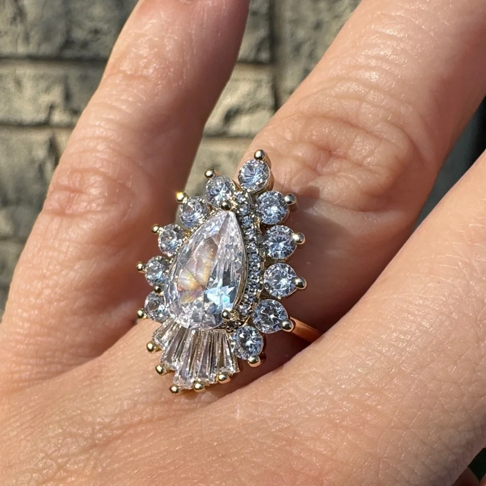 Gold Plated Teardrop Halo Ring baguettes & CZ Size 8 Wedding Engagement